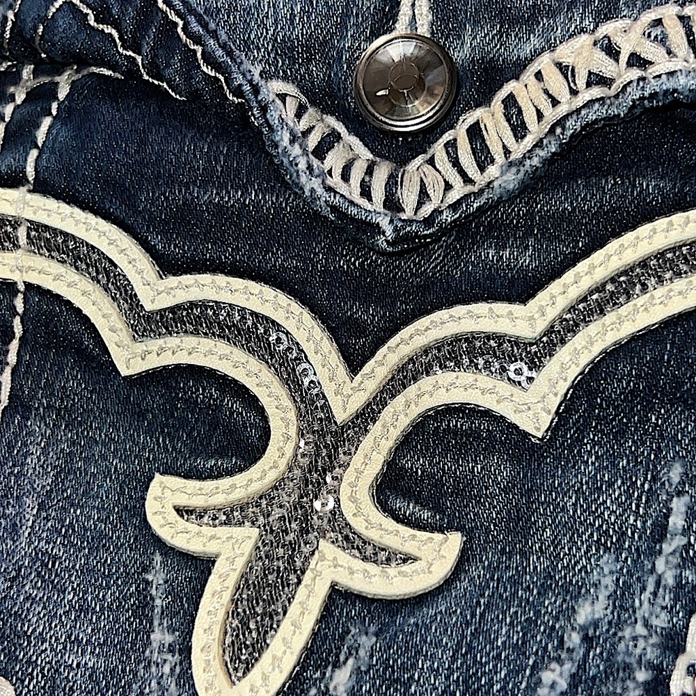 ROCK REVIVAL 🎸 THICK STITCH MAY BOOTCUT DESTROYED DISTRESSED JEANS Women 34 W38” - Picture 10 of 16